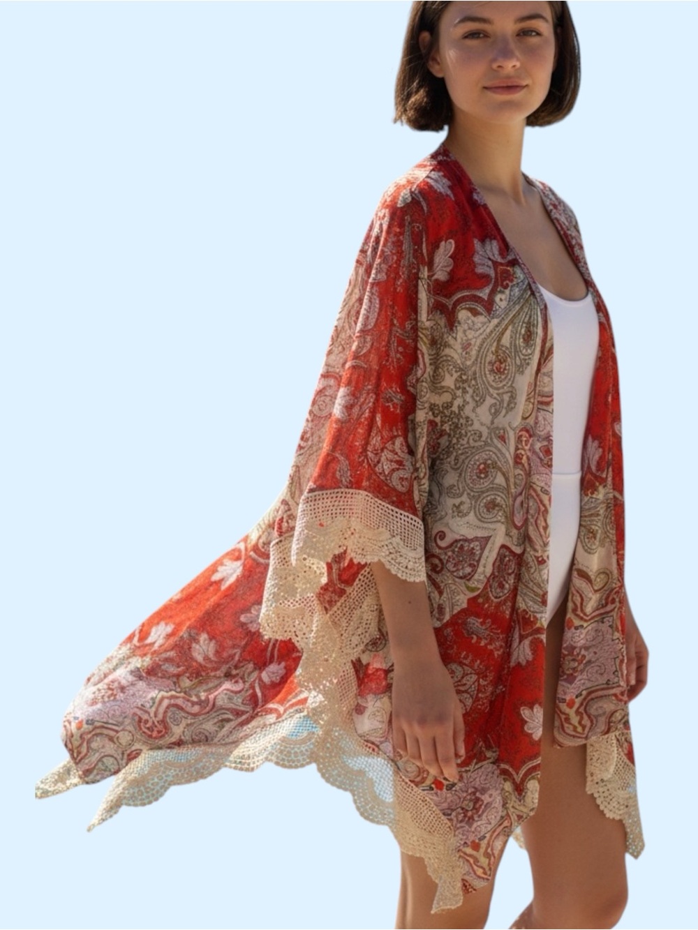Umgee Multicolor Paisley Print Kimono with Crochet Trim